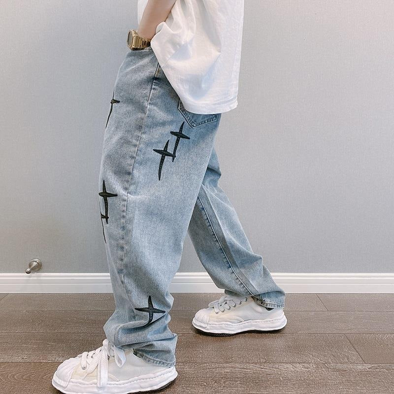 Vintage cross patch embroidered blue jeans China-Chic hip-hop high street loose straight trousers