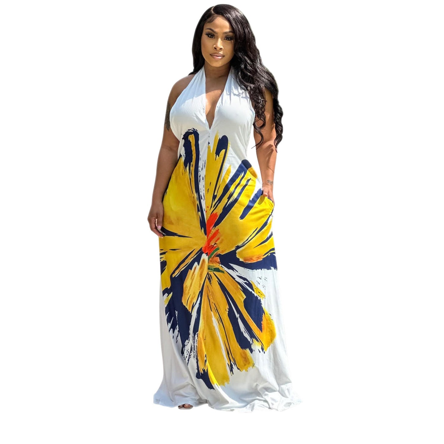 European and American fashion women's backless hanging neck dress with printed long skirt dress