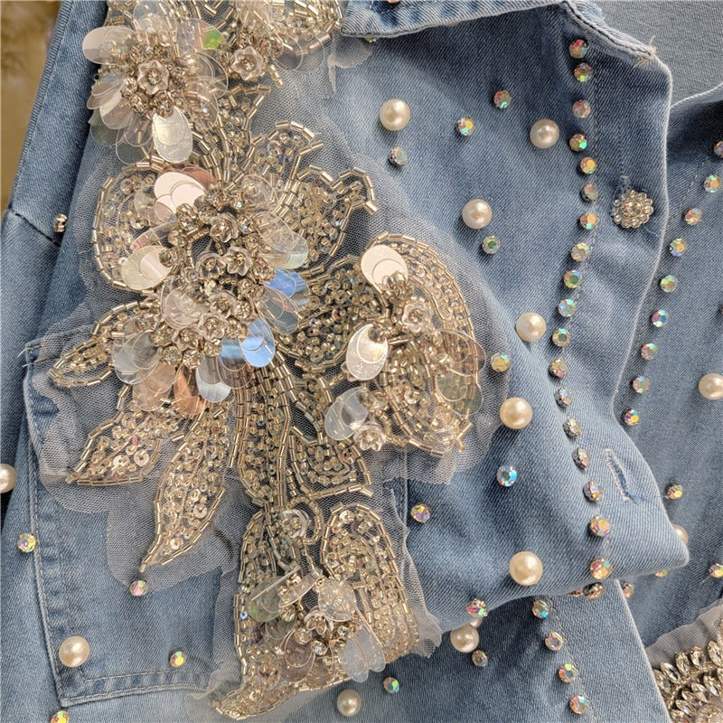 Floral Denim Shirt Women's Loose Slim Mid-Length Lapel Single-breasted Beaded Cardigan