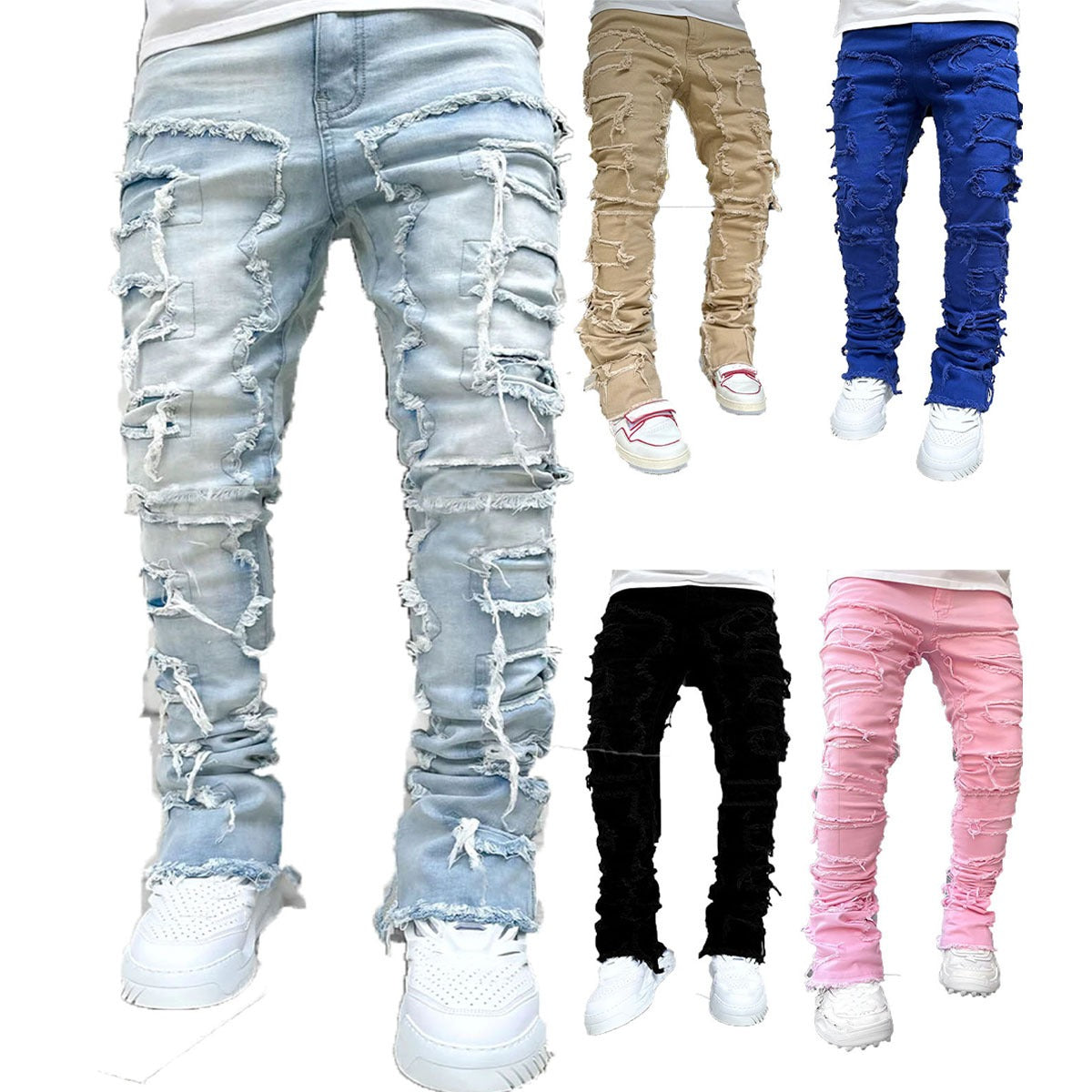 Men's denim straight leg pants with elastic patch fabric