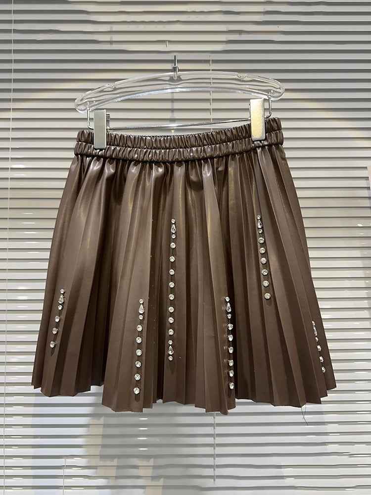 Streetwear Diamond Nail Bead PU Leather Mini Skirt For Women High Elastic Waist Pleated Skirts Autumn Female 11XX5841