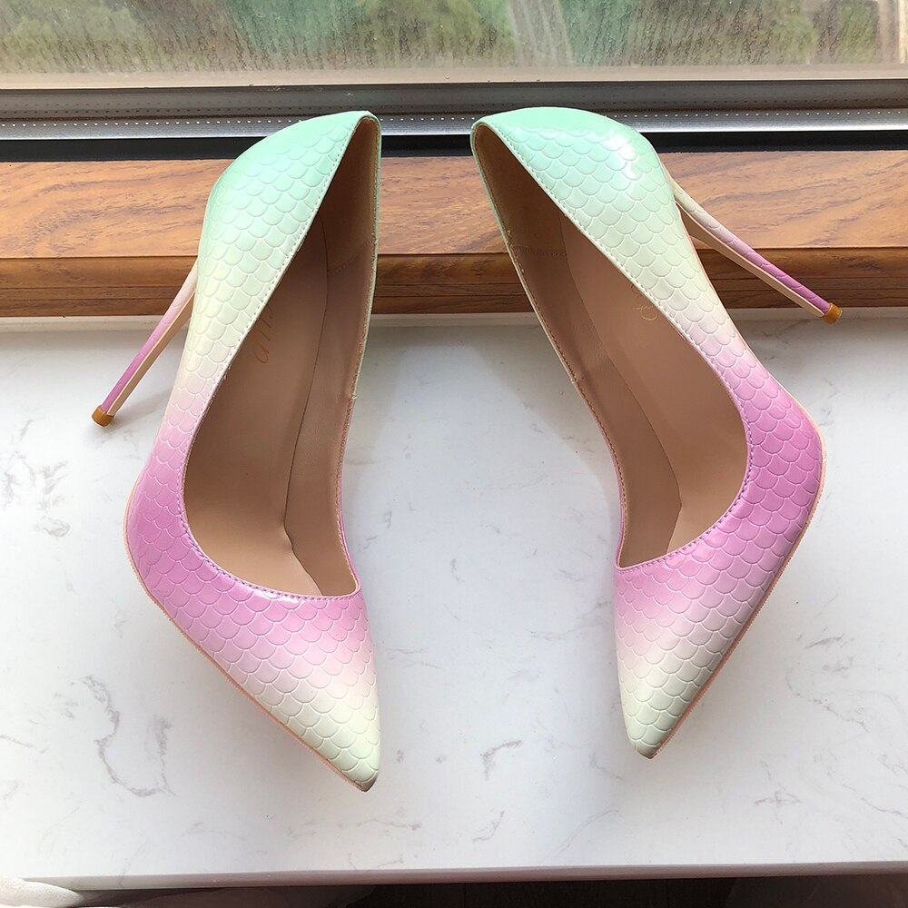 Tikicup Gradient Mint Pink Women Crocodile Effect Pointy Toe High Heel Shoes Sexy Ladies Slip On Stiletto Pumps Size 33 43 44 45