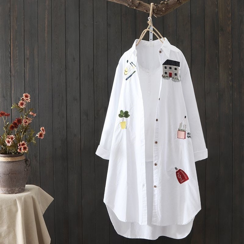 Cotton shirt women's loose medium length top women's embroidered shirt jacket