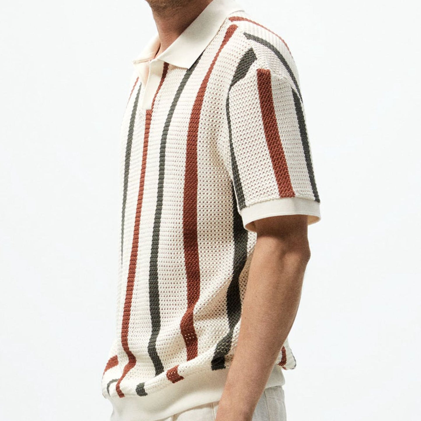 Thick needle hollowed out knit shirt with striped contrasting color woolen casual polo shirt as a Father's Day gift