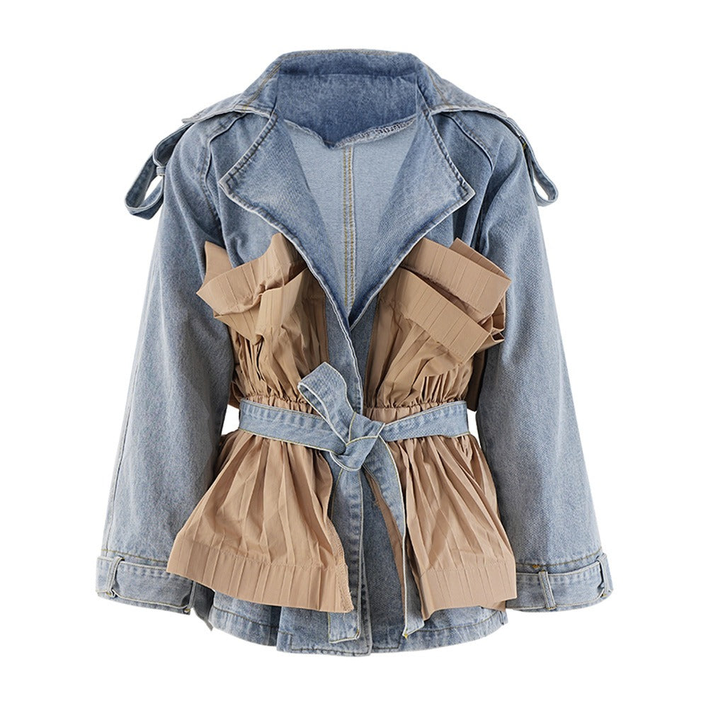 European and American design style lapel denim jacket for women's autumn new item, ruffle edge contrasting color splicing person