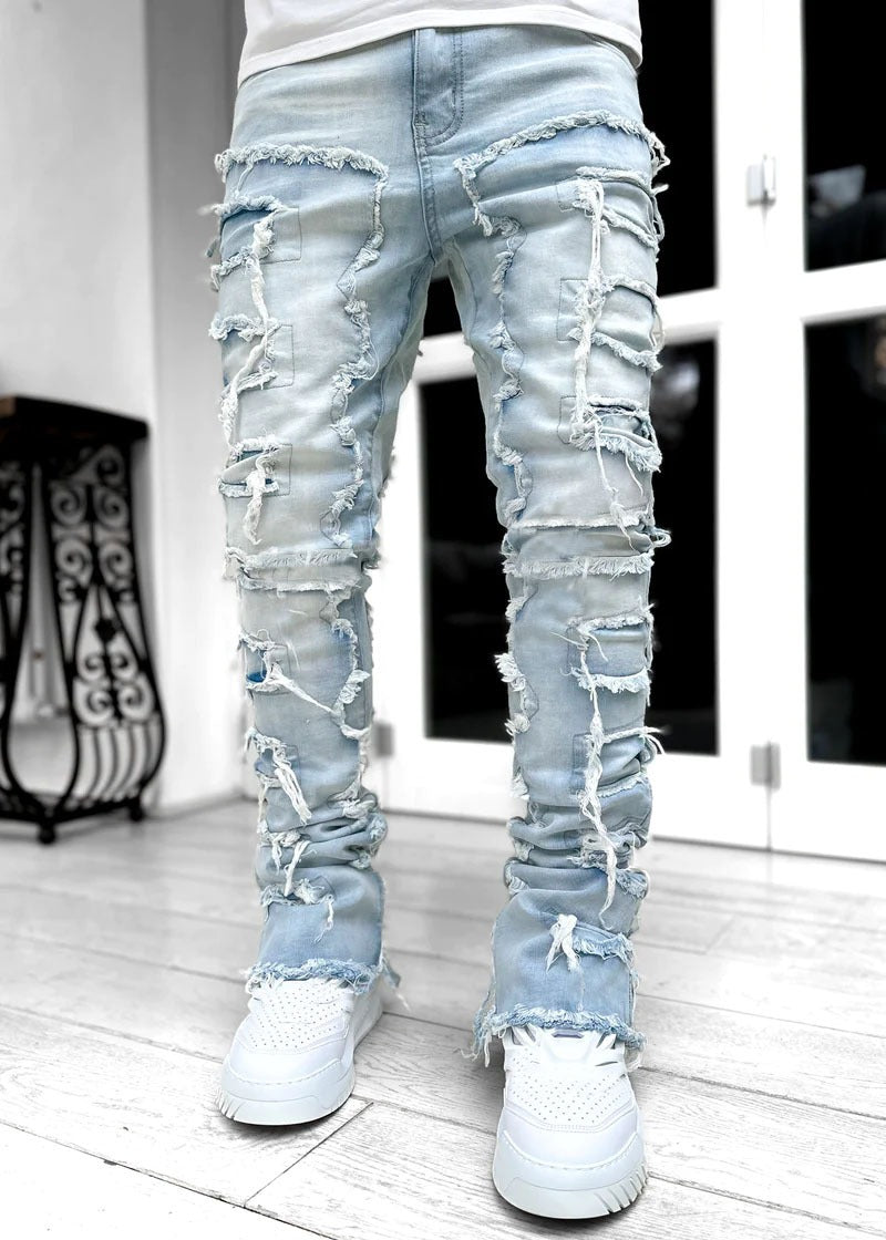 Men's denim straight leg pants with elastic patch fabric