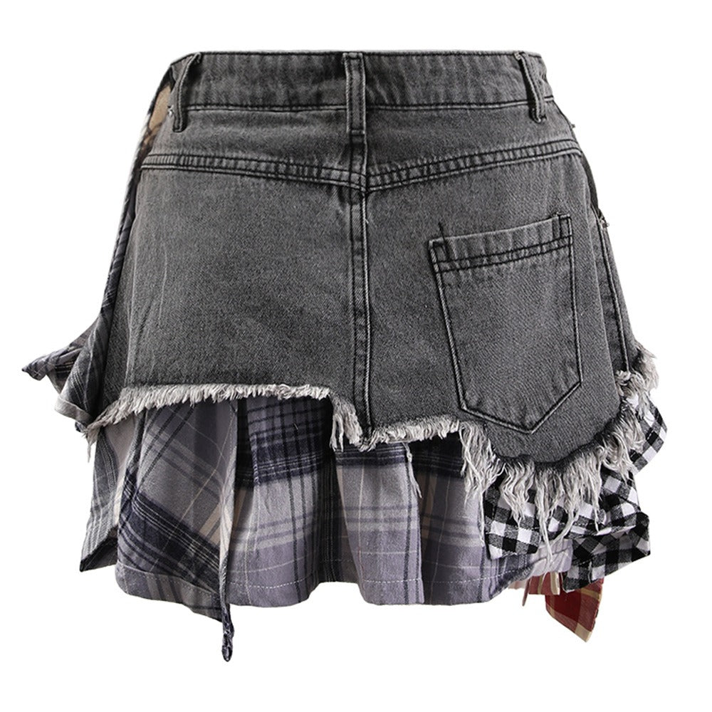 Denim skirt for women's summer new irregular plaid patchwork high waisted short skirt