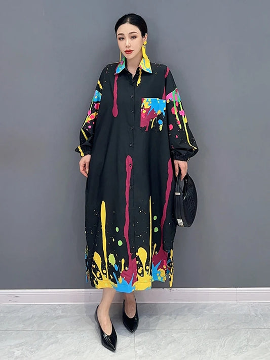 Graffiti Printed Dress For Women Fashion Lapel Pocket Patchwork Full Sleeve Loose Vestido Robe Autumn New