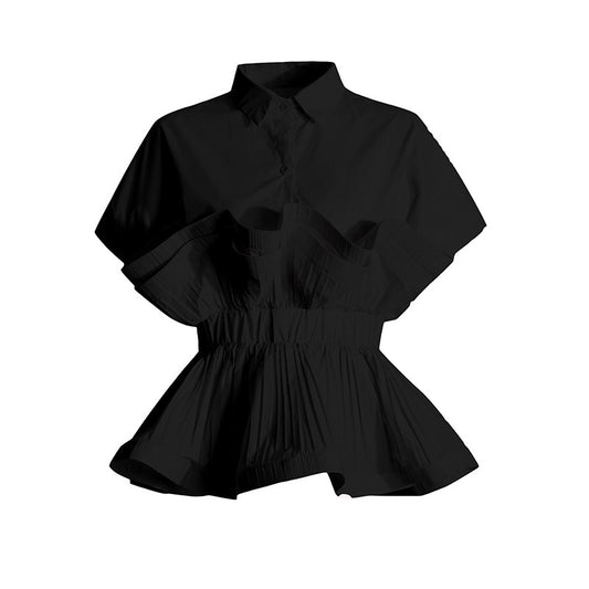 Fashionable lapel with ruffle edge patchwork design waist cinching short sleeved shirt for women