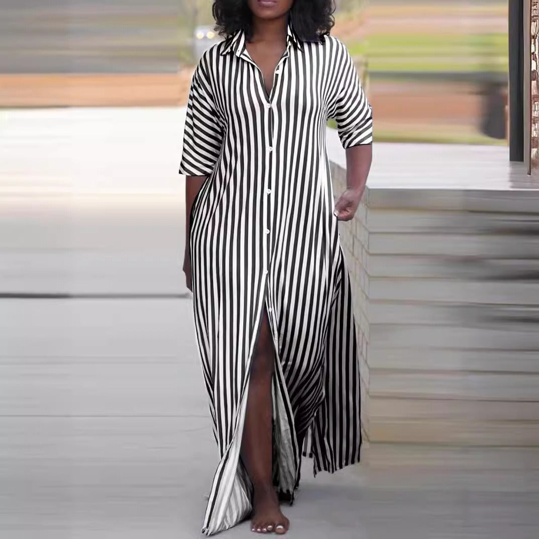 Summer fashion loose V-neck long striped shirt dress for women