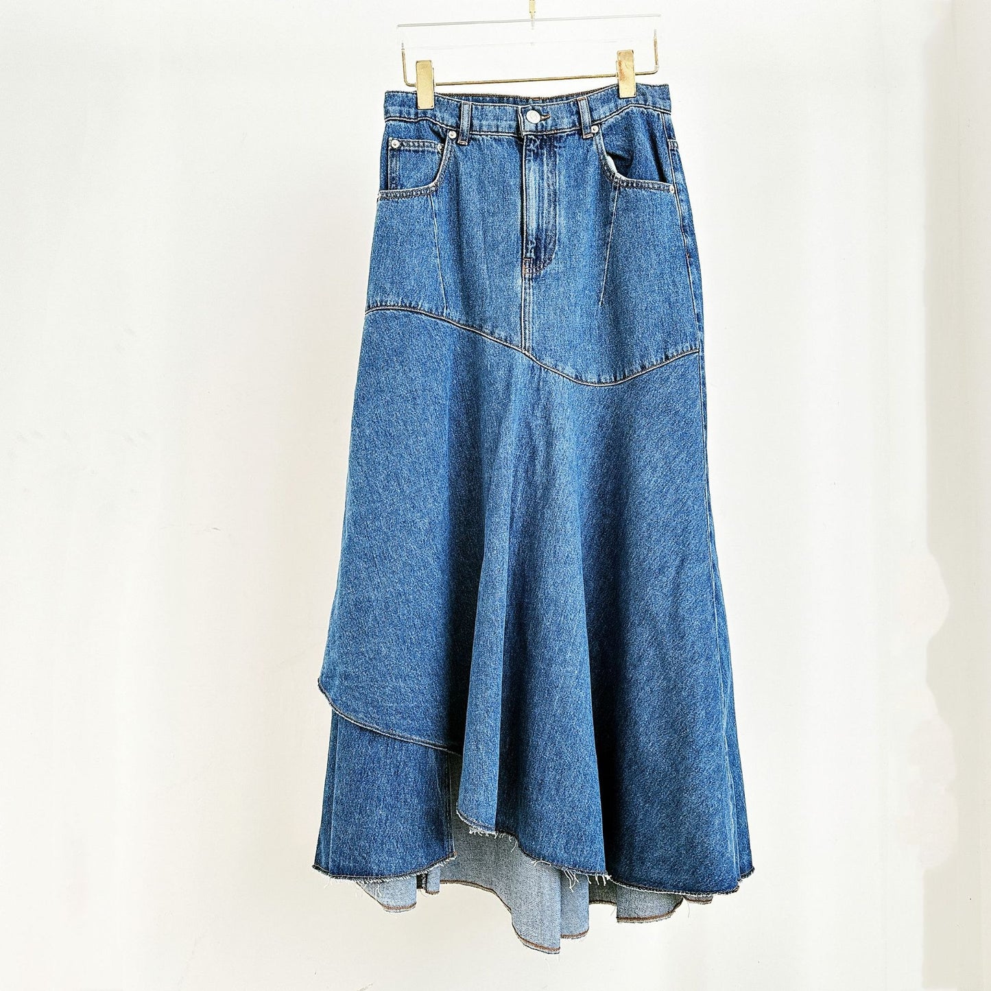 New fashion splicing blue irregular denim high waisted half length skirt for spring and summer