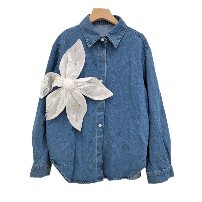 Heavy industry nail bead three-dimensional flower splicing denim shirt women's jacket shirt top