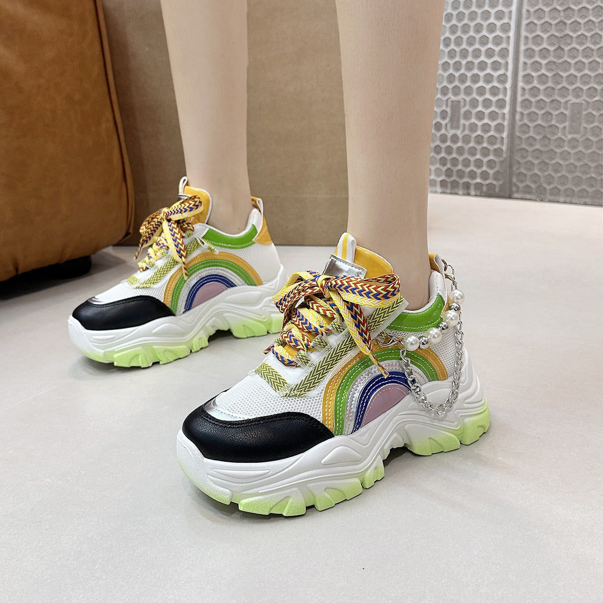 Lace Up Rainbow Colors Platform Pearls Chain Patchwork Fashion Girls Breathable Running Shoes