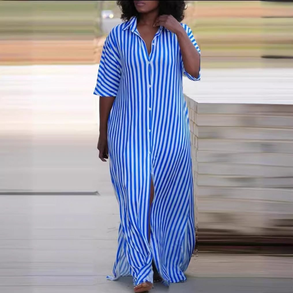 Summer fashion loose V-neck long striped shirt dress for women