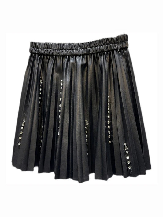 Streetwear Diamond Nail Bead PU Leather Mini Skirt For Women High Elastic Waist Pleated Skirts Autumn Female 11XX5841