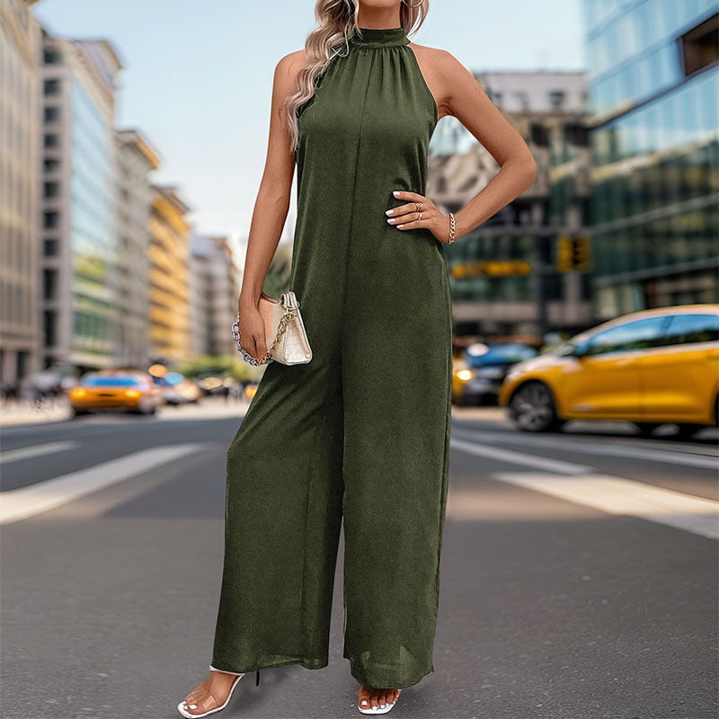 New European and American summer women's hanging neck solid color straight leg jumpsuit