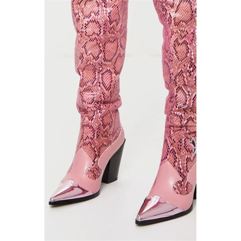 Women's Over-the-knee Boots Winter Pointed Toe Crude Heel Slip-on Botas Mujer Fashion Pink Snake Skin Hand-made Sexy Shoes