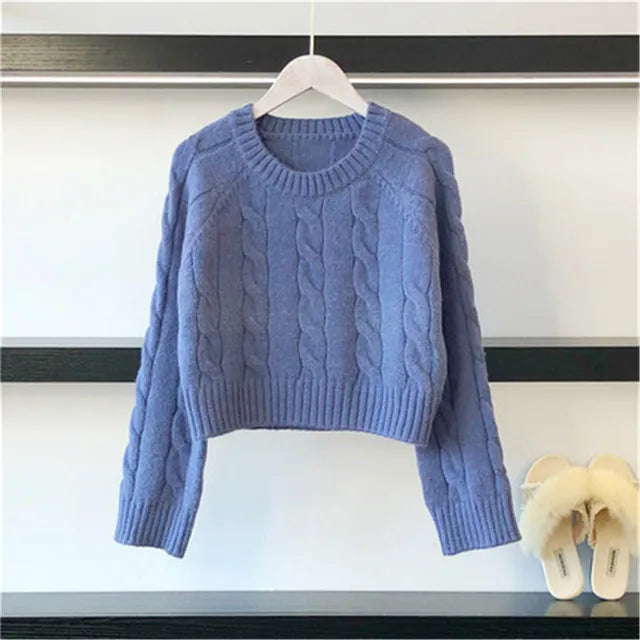 Autumn New Long Sleeve Short Knitwear Winter Women Jumper Green Korean Solid Casual Loose Warm Knitted Pullovers Women