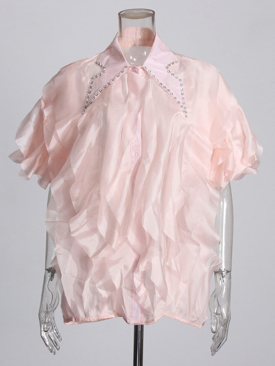 Fashionable commuter style layered ruffled shirt with lapel and diamond design, all-match shirt top for women