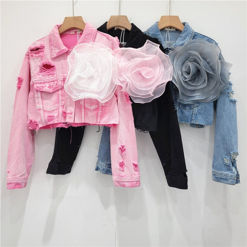 Three dimensional flower fashion tie dye pink personalized perforated pink stylish short denim jacket women's stylish jacket