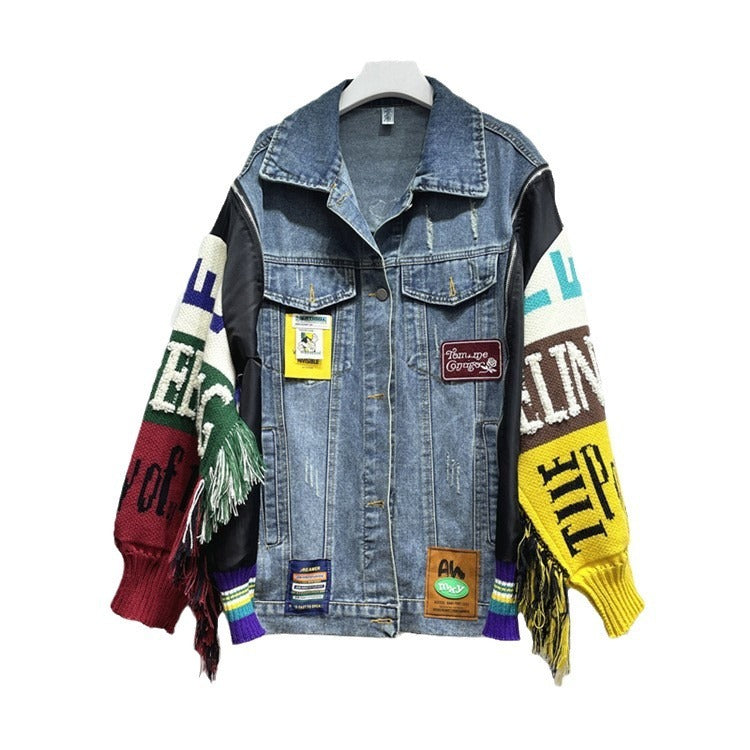 Loose fringed fashionable heavy embroidered patchwork denim jacket for women