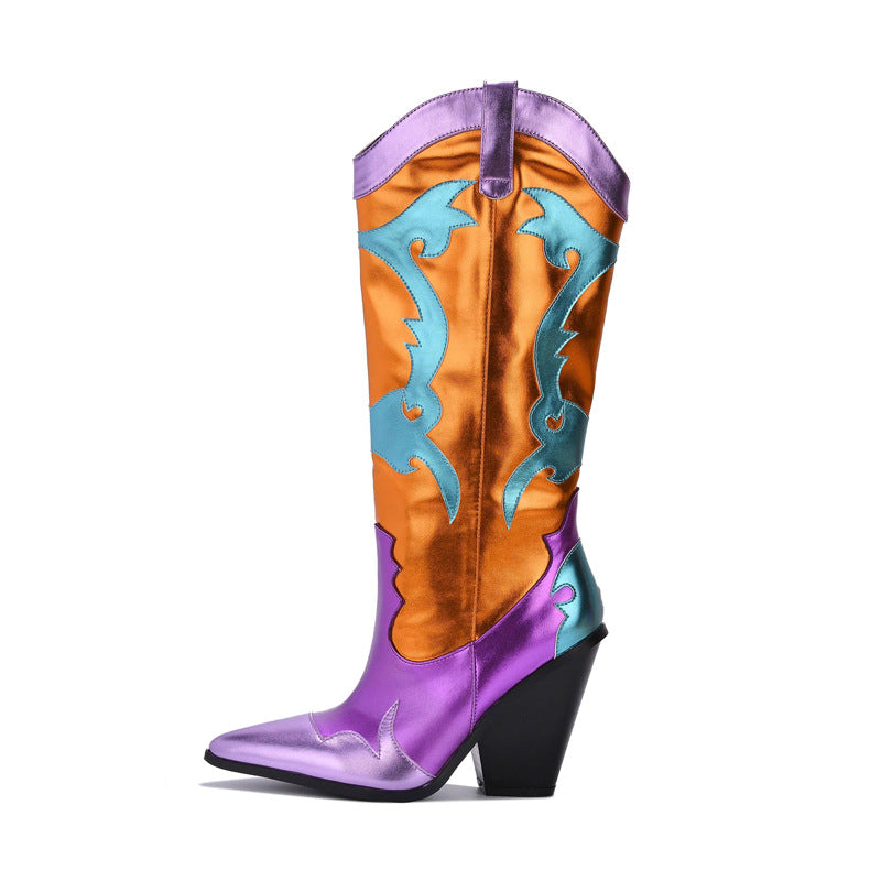 Women Patchwork Boots Shiny Metallic Leather Knee High Boots Pointy Toe Western Cowboy Boots