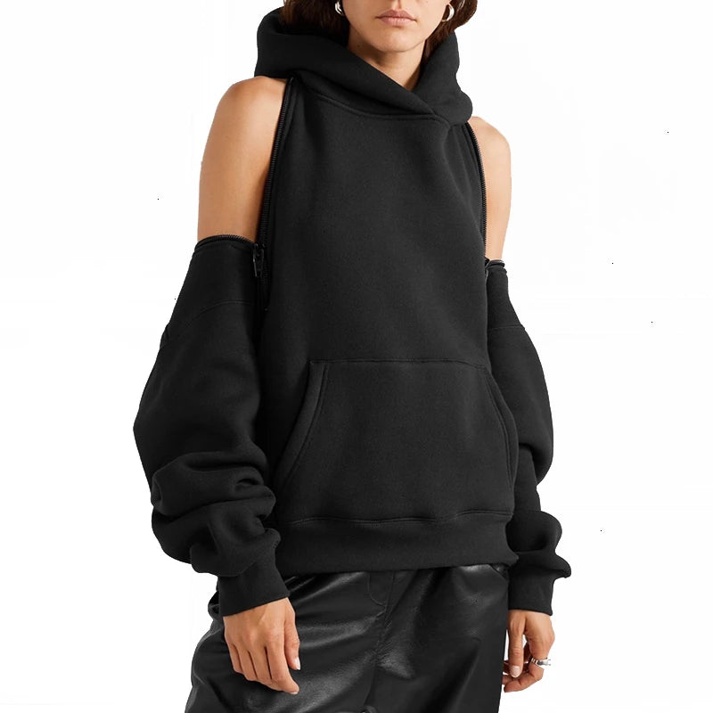 Black Women's Sweatshirts Hooded Long Sleeve Zipper Backless Off Shoulder Sweatshirt Spring Fashion Clothes New