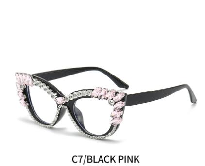 Cat-eye diamond-encrusted anti-blue light flat glasses