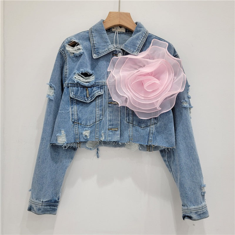 Three dimensional flower fashion tie dye pink personalized perforated pink stylish short denim jacket women's stylish jacket