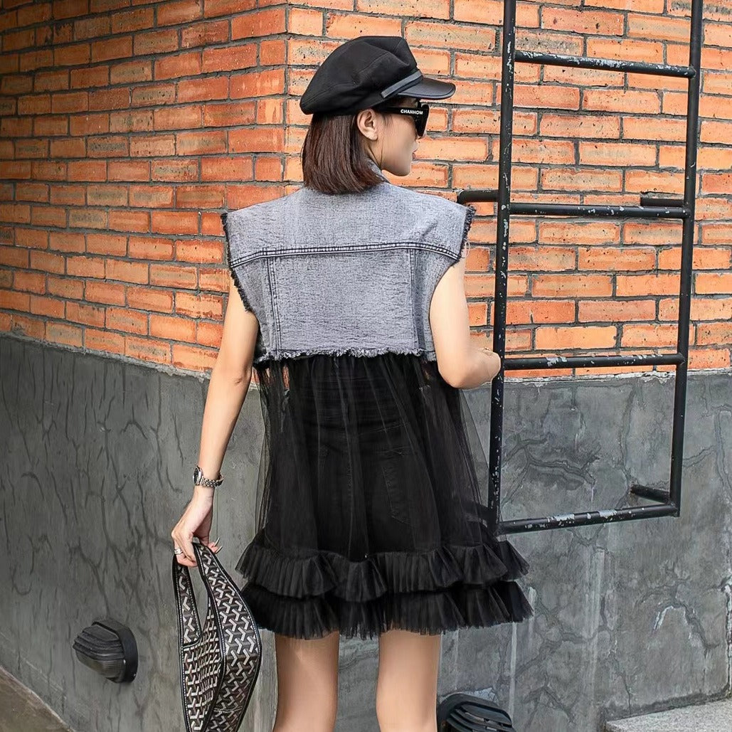 Old classic gray vest patchwork mesh slim fit doll skirt hem