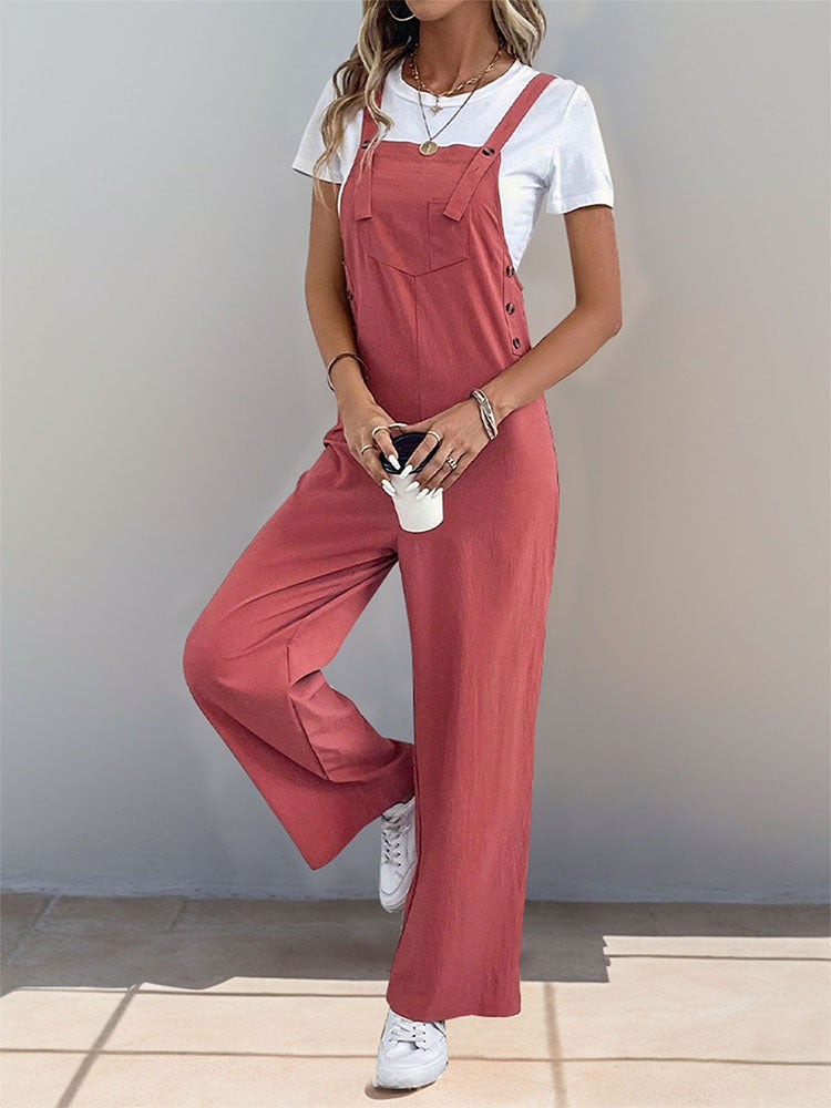 New European and American summer women's casual long solid color overalls