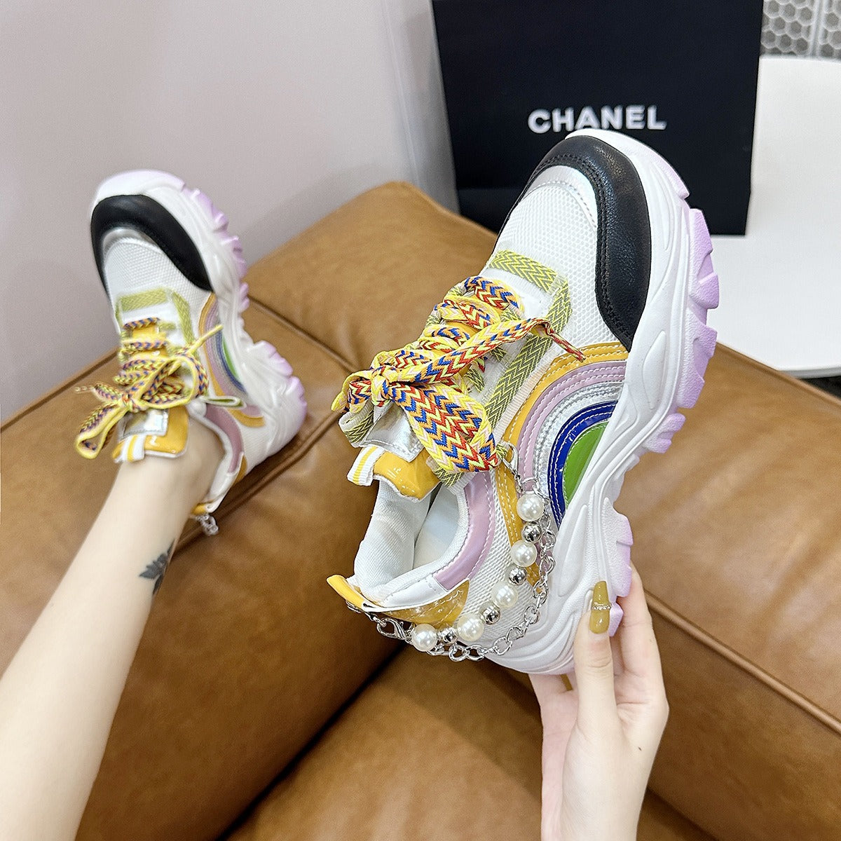 Lace Up Rainbow Colors Platform Pearls Chain Patchwork Fashion Girls Breathable Running Shoes