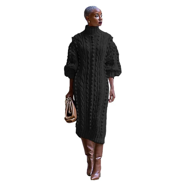 Solid Braid Knitted Casual Long Dress Women Autumn Winter Turtleneck Long Sleeve Side Split Fashion Sweater Dresses Streetwear