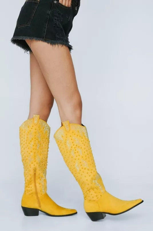 Faux Suede Studded Boots Pointed Toe Wedge Heels Knee High Boots Rhinestone Cowboy Boots Banquet Shoes