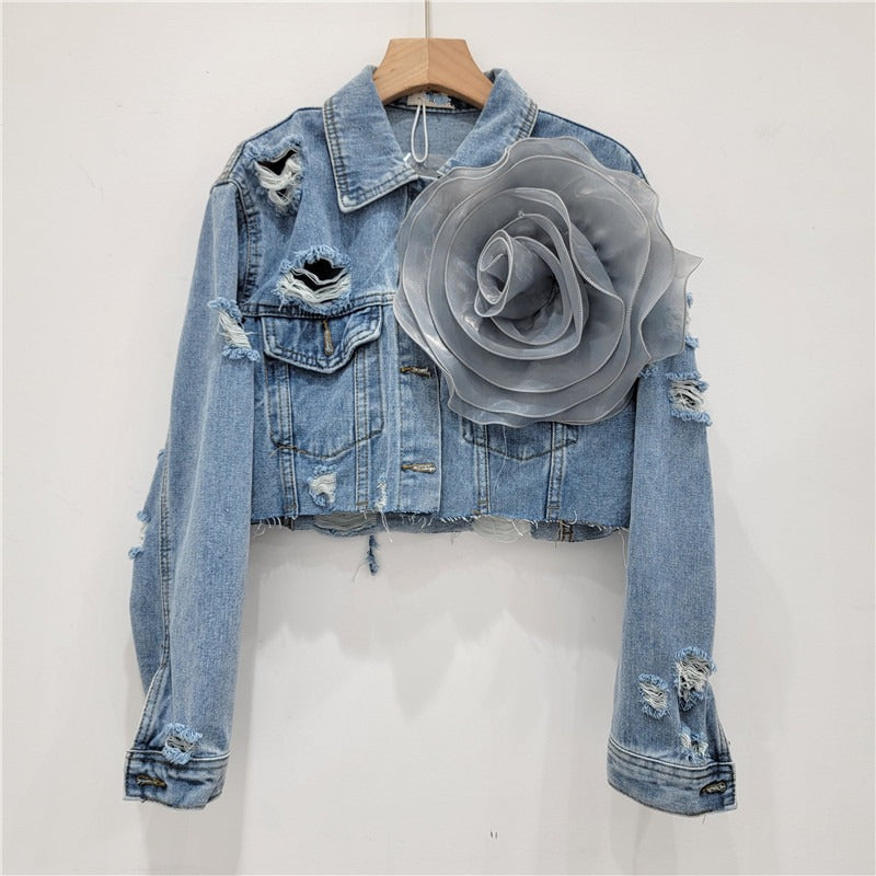 Three dimensional flower fashion tie dye pink personalized perforated pink stylish short denim jacket women's stylish jacket