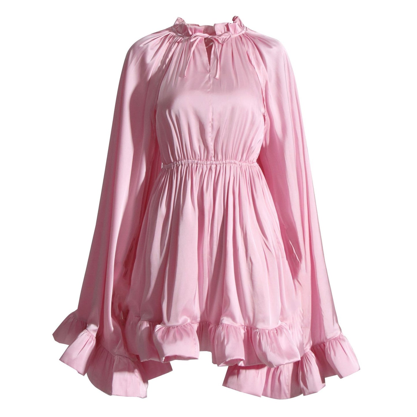 Solid color women's dress with a wooden ear collar cape and a waist cinched ruffle edge