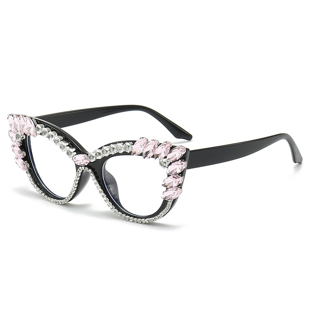 Cat-eye diamond-encrusted anti-blue light flat glasses