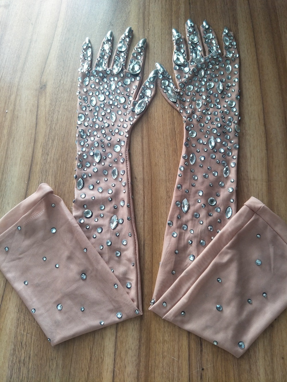 Crystal mesh gathering dance long gloves with sparkling rhinestones