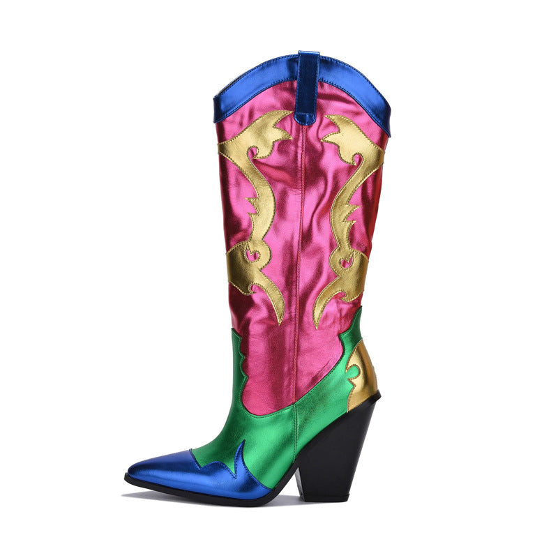 Women Patchwork Boots Shiny Metallic Leather Knee High Boots Pointy Toe Western Cowboy Boots