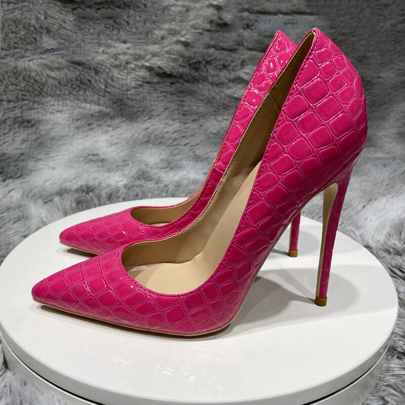 Tikicup Rose Pink Women Crocodile Effect Stiletto Pumps Pointed Toe Slip On 8/10/12cm High Heels Ladies Party Dress Shoes