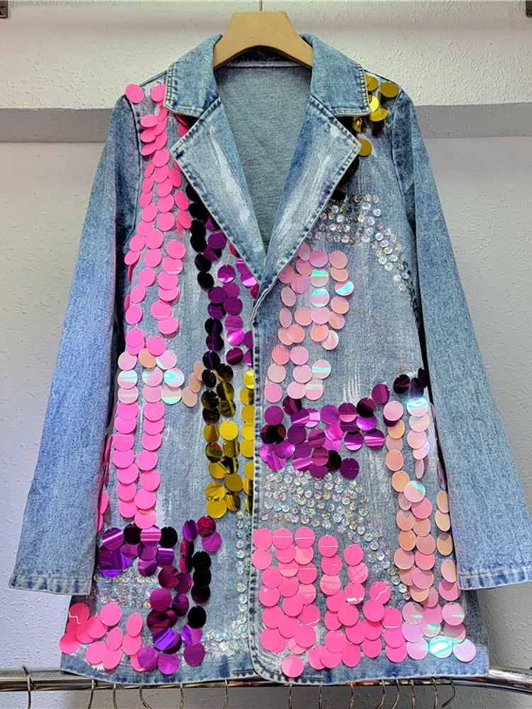 Heavy industry sequin embroidered denim jacket for women's mid length top