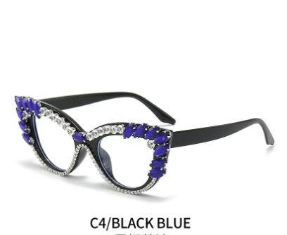 Cat-eye diamond-encrusted anti-blue light flat glasses