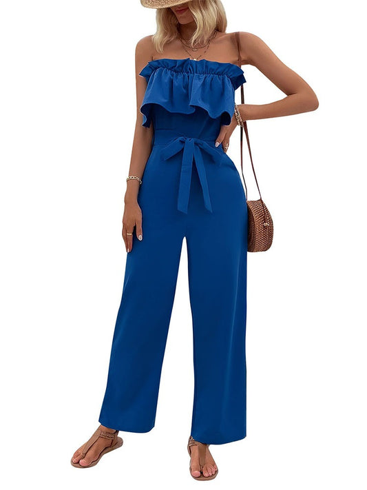 New European and American summer women's sleeveless solid color strapless jumpsuit