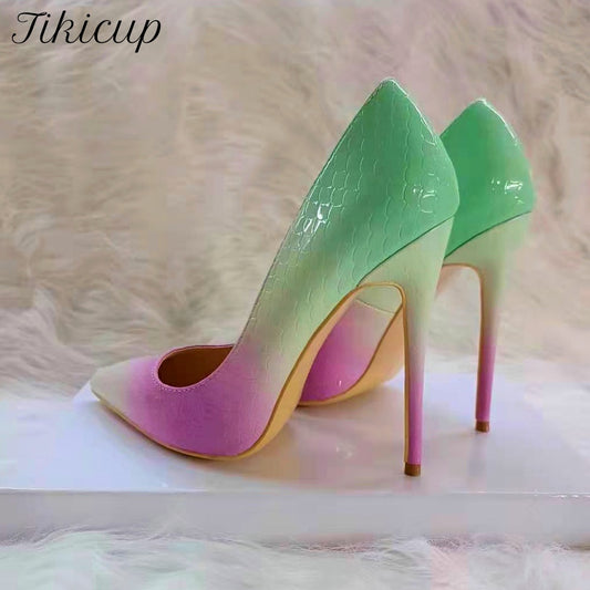 Tikicup Gradient Mint Pink Women Crocodile Effect Pointy Toe High Heel Shoes Sexy Ladies Slip On Stiletto Pumps Size 33 43 44 45