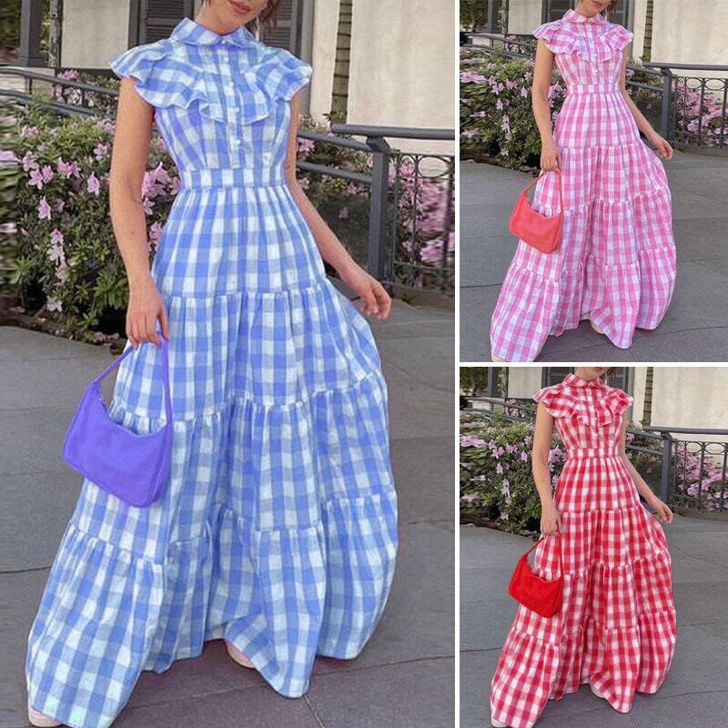 Checkered printed long skirt with large hem dress