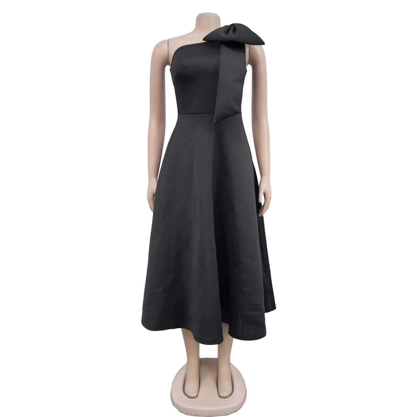 Cross Women's Fashion Solid Color Bow Splicing Sexy Single Shoulder Slant Collar Dress Dress