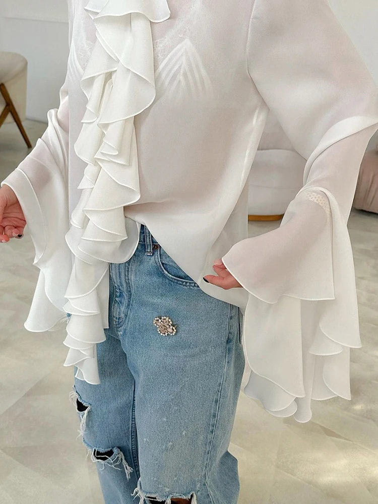 White chiffon round neck flared sleeve ruffled edge women's shirt