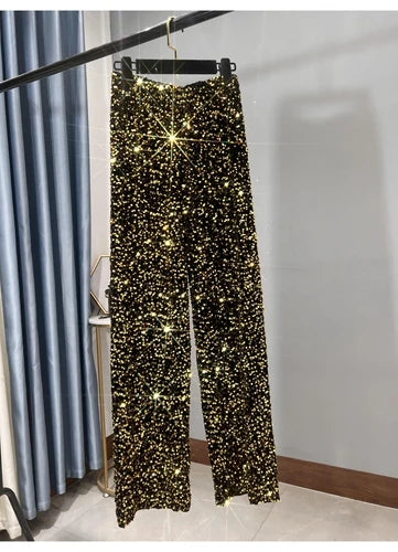 Velvet Sequined Leggings with Elongated Pendants Are Slim and Sparkly Casual Straight Leg Pants for Women