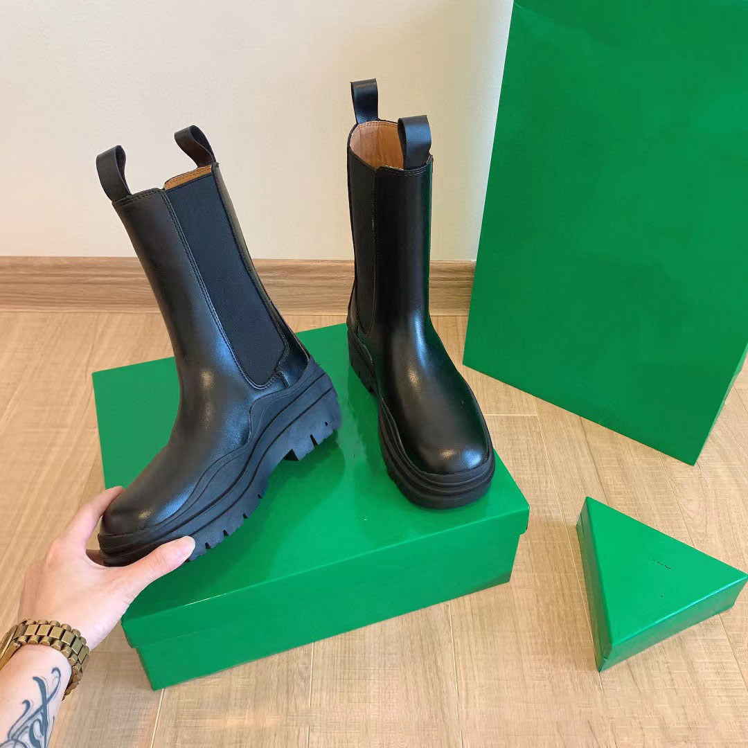 Women Chunky Heel Mid Calf Boots Luxury Brand Chelsea Boots Platform Biker Boots Street Leather Ladies Boots Botas