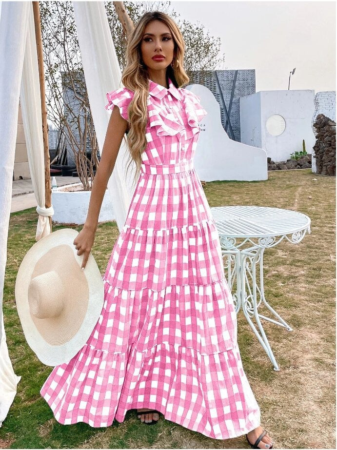 Checkered printed long skirt with large hem dress